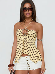 Betsey Ring Detail Tie Neck Top Yellow Polka Dot